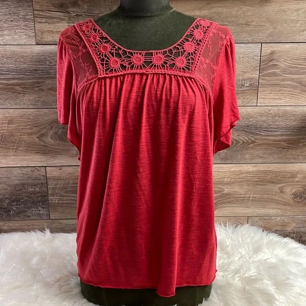 LDLA Women’s Floral Crocheted Lace Neckline  Top Short Sleeves Cottagecore Sz S